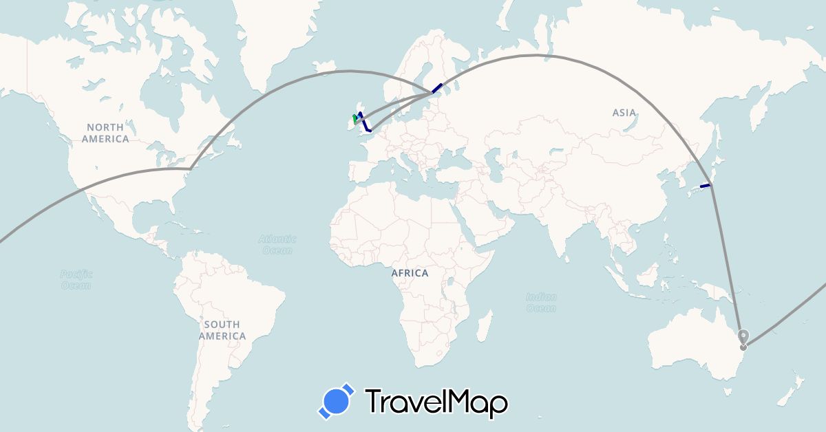 TravelMap itinerary: driving, bus, plane, train, boat in Australia, Finland, United Kingdom, Ireland, Japan, United States (Asia, Europe, North America, Oceania)